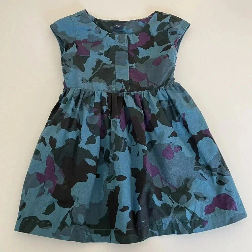 Gap Girls 4-5 Dress Blue Camo 100% Cotton Poplin Lined Short Sleeve EUC Summer